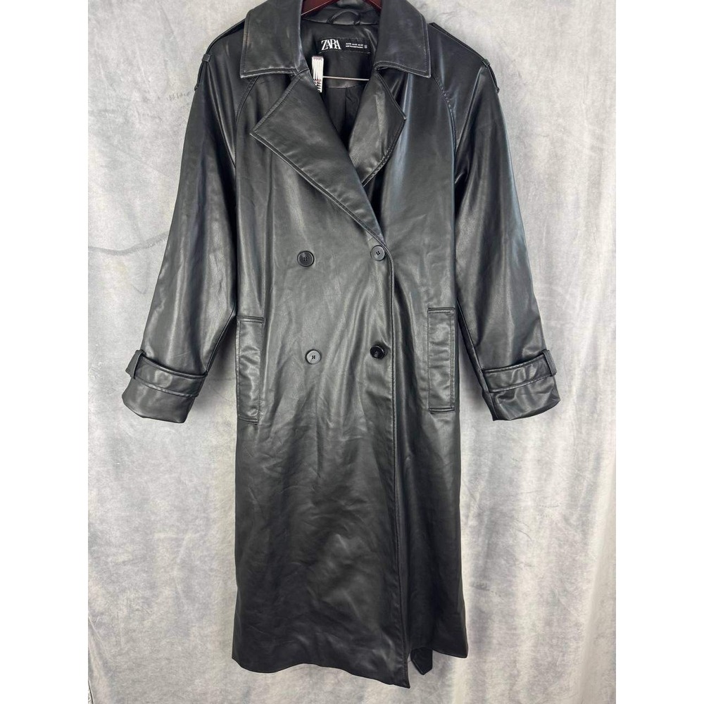 Faux‎ Leather Trench Coat Black Belted Longline Jacket